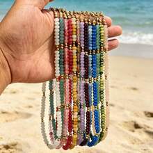1pc European And American Bohemian Round Geometric Natural Stone Cracked Effect Beaded Short Necklace With Stainless Steel Accessories For Summer Beach Vacation - Stone Bead Stainless Steel Necklace - View 8