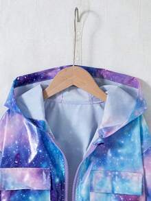Girls' Casual Fashion Starry Gradient Shiny Short Zip-Up Hooded Jacket With Pockets For Spring And Autumn - Blue - View 3