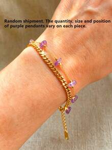 Light Luxury Purple Pendant Double Layer Bracelet 18K Gold Plated Cuban Chain Design Daily Commute / Date Versatile Niche Jewelry (Purple Pendant Size And Shape Vary Randomly) - Purple - View 9