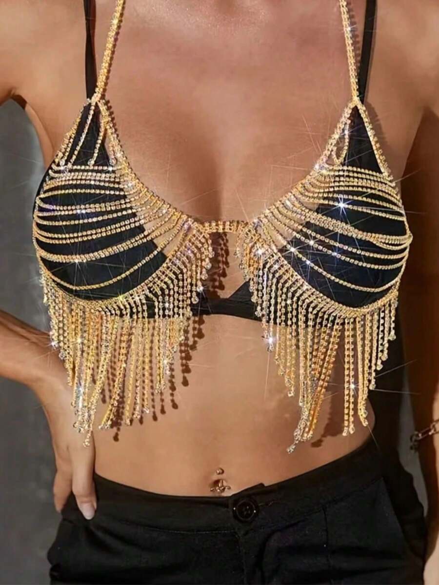 1pc Glamorous Sexy Sparkling Crystal Chest Chain, Fashion Jewelry Accessory For Women, Suitable For Beach Party