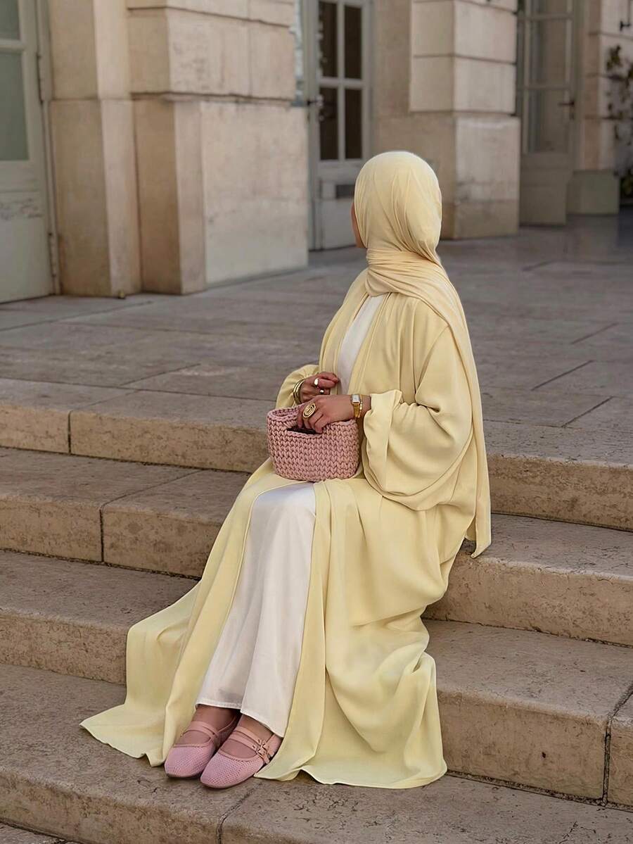 Middle Eastern Elegant Women's Long Robe Soft Satin Luster Yellow Abaya Arabic Cloak Fall - Yellow - View 1