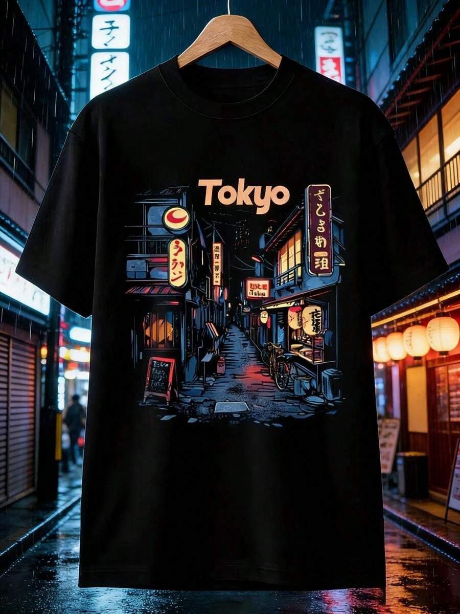 1 pieza Playera De Hombre.manga corta 100% algodón puro, cuello redondo casual con estampado, manga corta transpirable para uso diario. Camiseta T estilo retro japonés, noche lluviosa en Tok - Negro - Ver 1