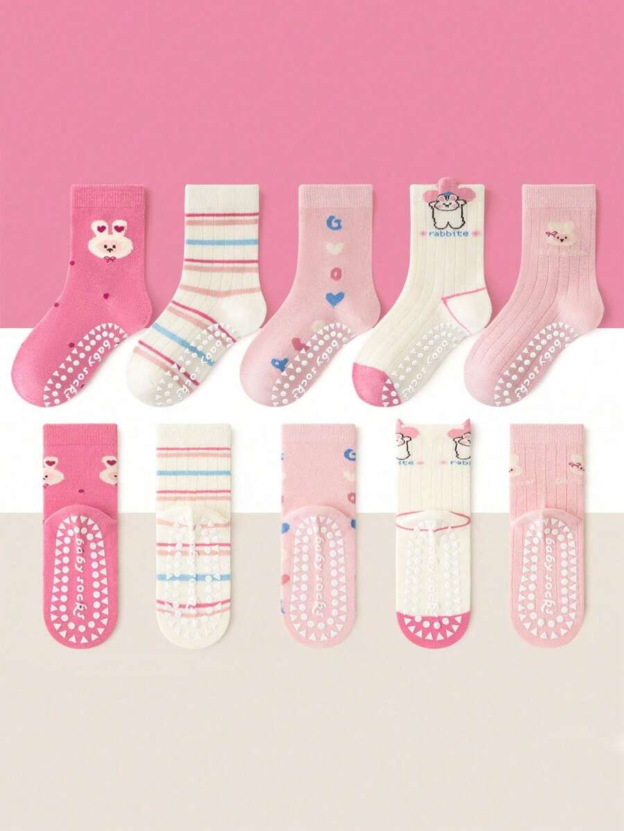5 Pairs Kids Floor Socks Pink Cartoon Flower & Rabbit Pattern Dotted Grip Soft Sole Indoor Anti-Slip Mid-Calf Socks For Baby Boys & Girls Japanese Style - Multicolor - View 1