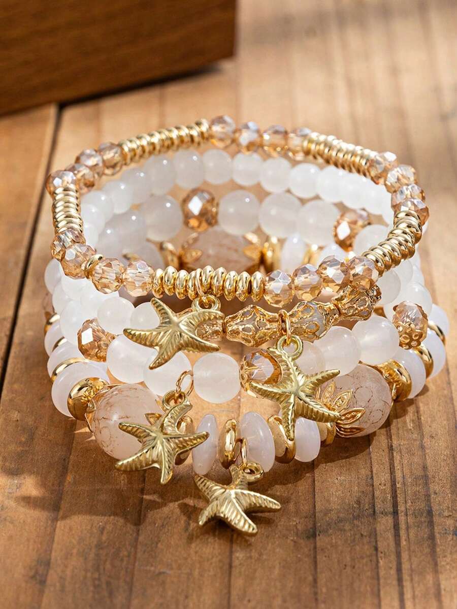4pcs Bohemian Style Ocean Starfish Pendant Multi-Layer Beaded Bracelet Set For Women Daily Wear - Multicolor - View 1