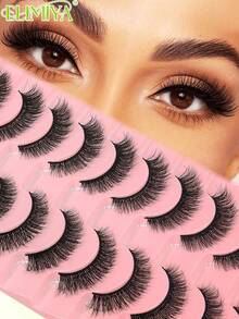 10 Pairs Black Thin Stem Faux Mink False Eyelashes, 3D Fluffy Natural Short Cat Eye Fake Lashes - 黑色 - 查看 1