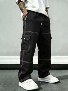 1pc Men's Multi-Pocket Cargo Long Pants, Spring/Autumn/Summer Beach Vacation Sand Pants, Casual Commute Sports Training Running Outdoor Hiking Loose Fit Fashion Jogging Fitness Workout Versatile Straight Leg Streetwear Pants - Black - View 1