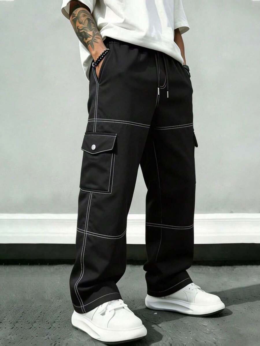1pc Men's Multi-Pocket Cargo Long Pants, Spring/Autumn/Summer Beach Vacation Sand Pants, Casual Commute Sports Training Running Outdoor Hiking Loose Fit Fashion Jogging Fitness Workout Versatile Straight Leg Streetwear Pants - Black - View 1