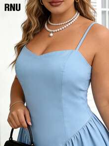 RNU Women's Elegant Plus Size Solid Light Blue Square Sweetheart Neck Thin Spaghetti Strap High Waist Ruffle Flared Skater Mini Dress - Baby Blue - View 3