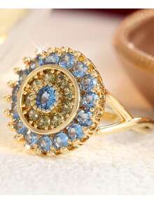 Bohemian Style Sunflower Design Double Layer Blue Synthetic Zirconia Inlaid Ring, Elegant Women's Ring, Sparkling Daily And Party Jewelry Accessory - Gold - View 5