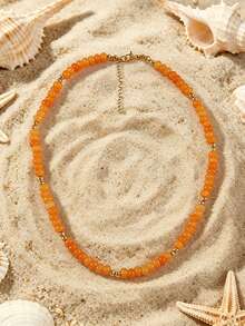 1pc European And American Bohemian Round Geometric Natural Stone Cracked Effect Beaded Short Necklace With Stainless Steel Accessories For Summer Beach Vacation - Stone Bead Stainless Steel Necklace - View 16