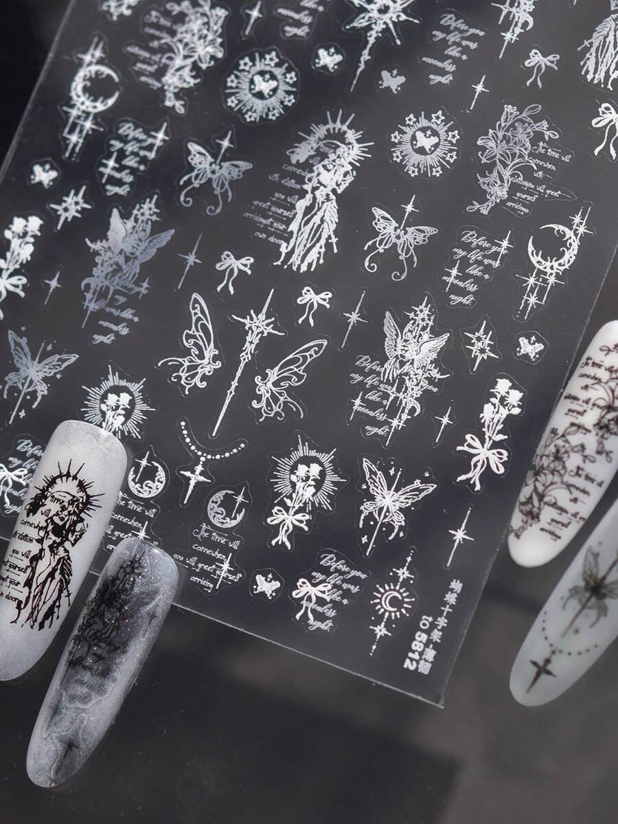1片裝 3D哥德式蝴蝶十字架美甲貼紙,復古玫瑰與鳶尾花束、天使女孩、月亮與十字架自黏美甲貼花 - 白色 - 查看 1