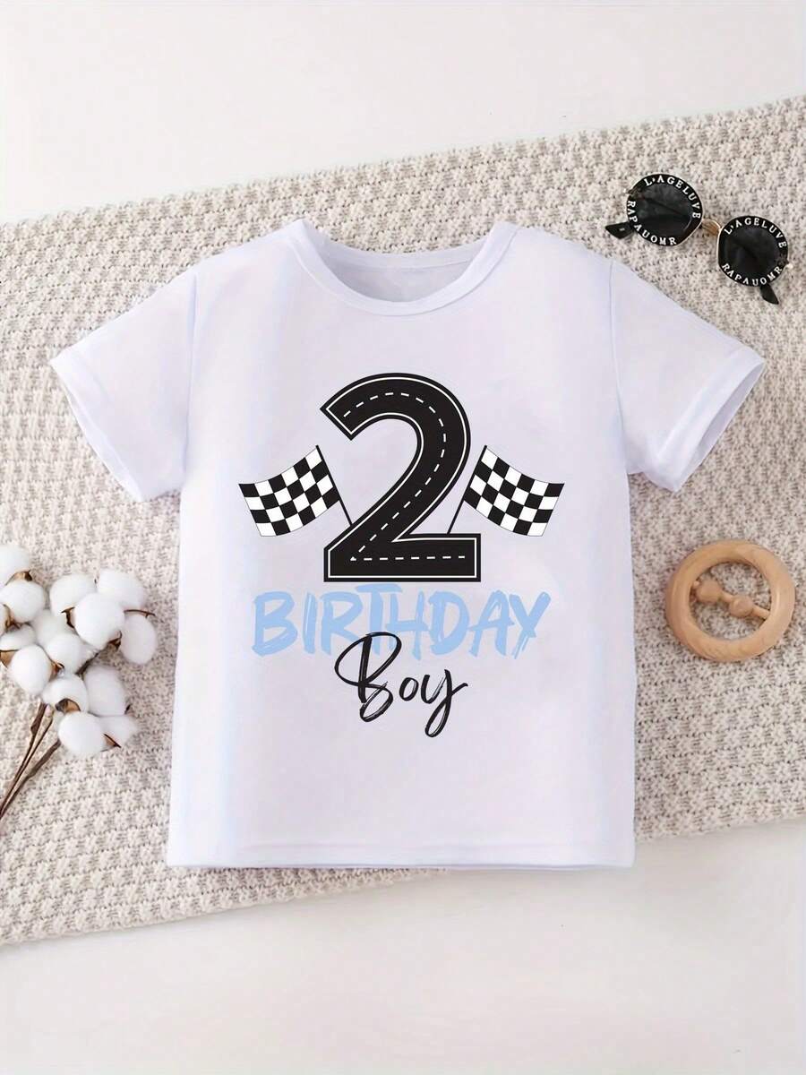 2-Year-Old Boy's T-Shirt With Racing Car Flag Design, 2-Year-Old Boy's Brother T-Shirt, Best Birthday Gift For Kids, Kawaii Clothes For Toddlers - 白色 - 查看 1