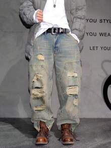 Men's New Straight Leg Cat Whisker Distressed American Casual Denim Jeans - Bronze - View 3