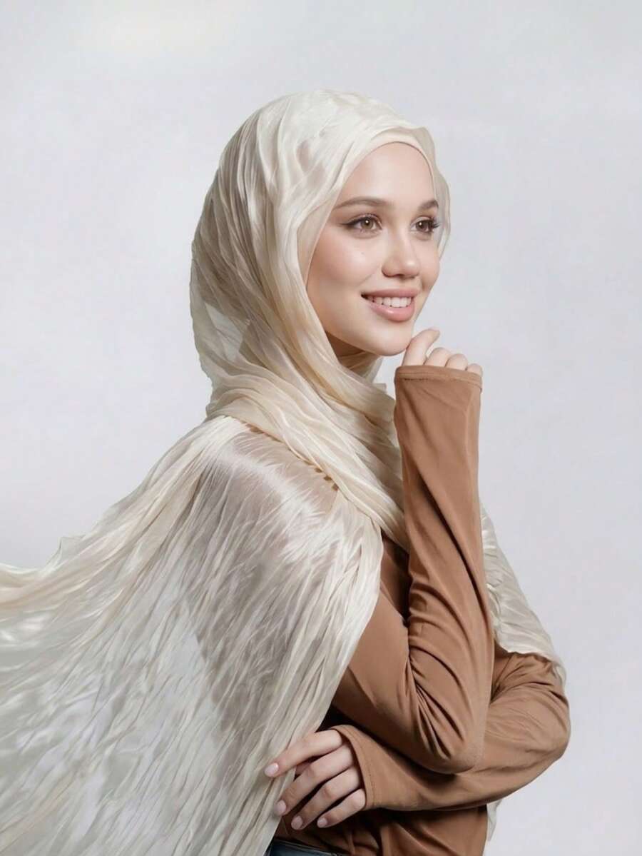 قطعة واحدة من وشاح الرأس بلون موحد قابل للتنفس بحافة مكشكشة ناعمة، وشاح رأس مرن لامع مقاوم للتجاعيد للربيع/الصيف - متعدد الألوان - مشاهدة 1