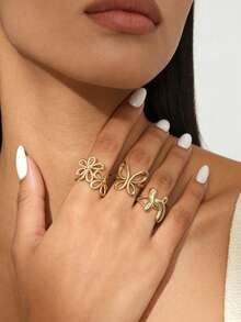 3pcs 18K Gold Plated Stainless Steel Adjustable Butterfly Rings Set, Fashion Beach Flower Butterfly Rings - Open Ring - View 3