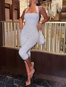 Blazique Rhinestone Halter Neck Slim Fit 3/4 Length Jumpsuit, Backless Sexy Hot Girl Party Outing Outfit White Summer Casual - White - View 8