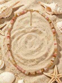 1pc European And American Bohemian Round Geometric Natural Stone Cracked Effect Beaded Short Necklace With Stainless Steel Accessories For Summer Beach Vacation - Stone Bead Stainless Steel Necklace - View 11