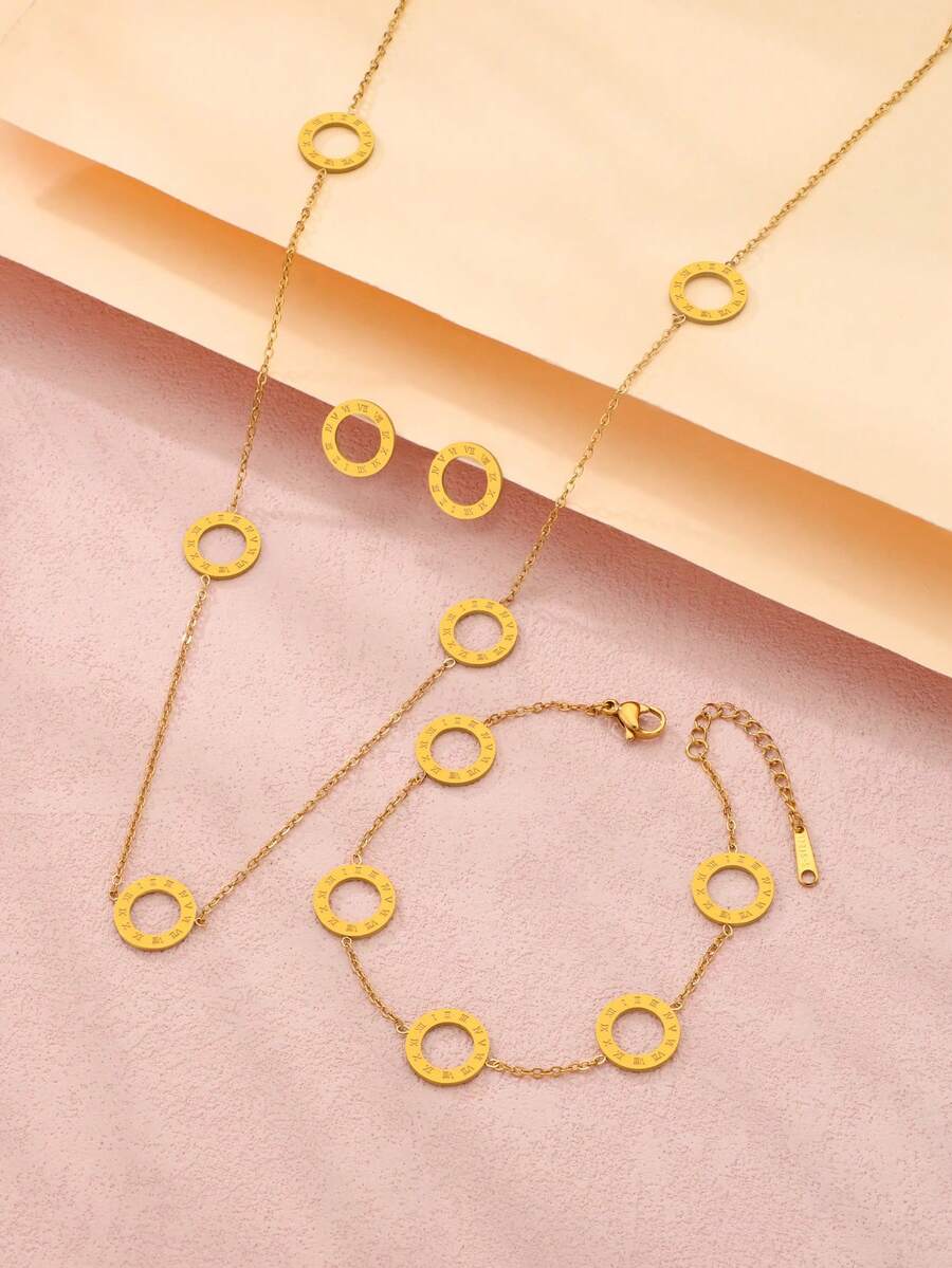 Bộ trang sức thép không gỉ phong cách La Mã cổ điển số hóa vĩnh cửu, dây chuyền vòng tròn rỗng, vòng tay và bông tai - Vàng - Xem 1