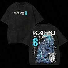 Local Warehouse Items, Women's Clothing, Vintage Washed Graphic T-Shirt With Kaiju No. 8 Design, Oversized Short Sleeve Crew Neck T-Shirt, Casual Urban Top For Men And Women - 黑色 - 查看 1