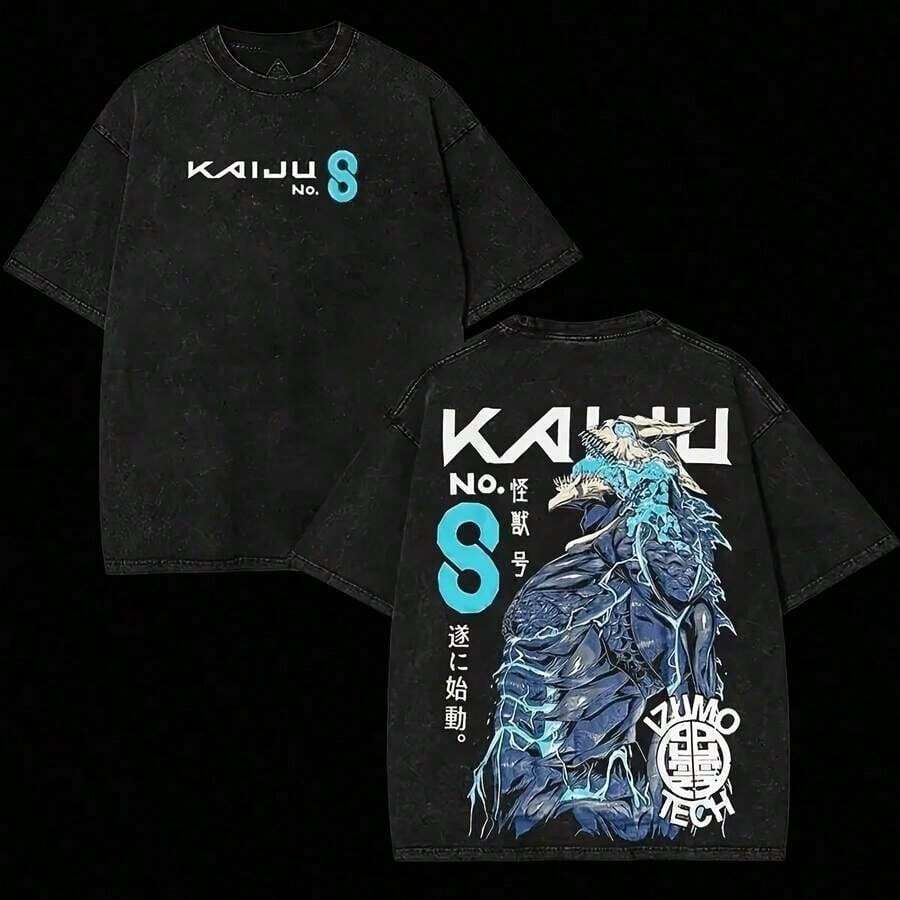 Local Warehouse Items, Women's Clothing, Vintage Washed Graphic T-Shirt With Kaiju No. 8 Design, Oversized Short Sleeve Crew Neck T-Shirt, Casual Urban Top For Men And Women - 黑色 - 查看 1