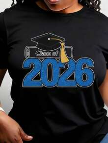 Graduation 2026 T-Shirt With Cap And Diploma. Casual And Comfortable Style For Parties And School Events. - 黑色 - 查看 1