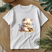 1/2/3pcs Cute Milky White Kitten Heat Transfer Iron-On Patch, Playing With Butterfly Adorable Pet Cat DIY Heat Transfer Sticker, Suitable For Clothing, T-Shirt Making, Pillow Decoration, Apparel Items And Applique - Multicolor - View 9