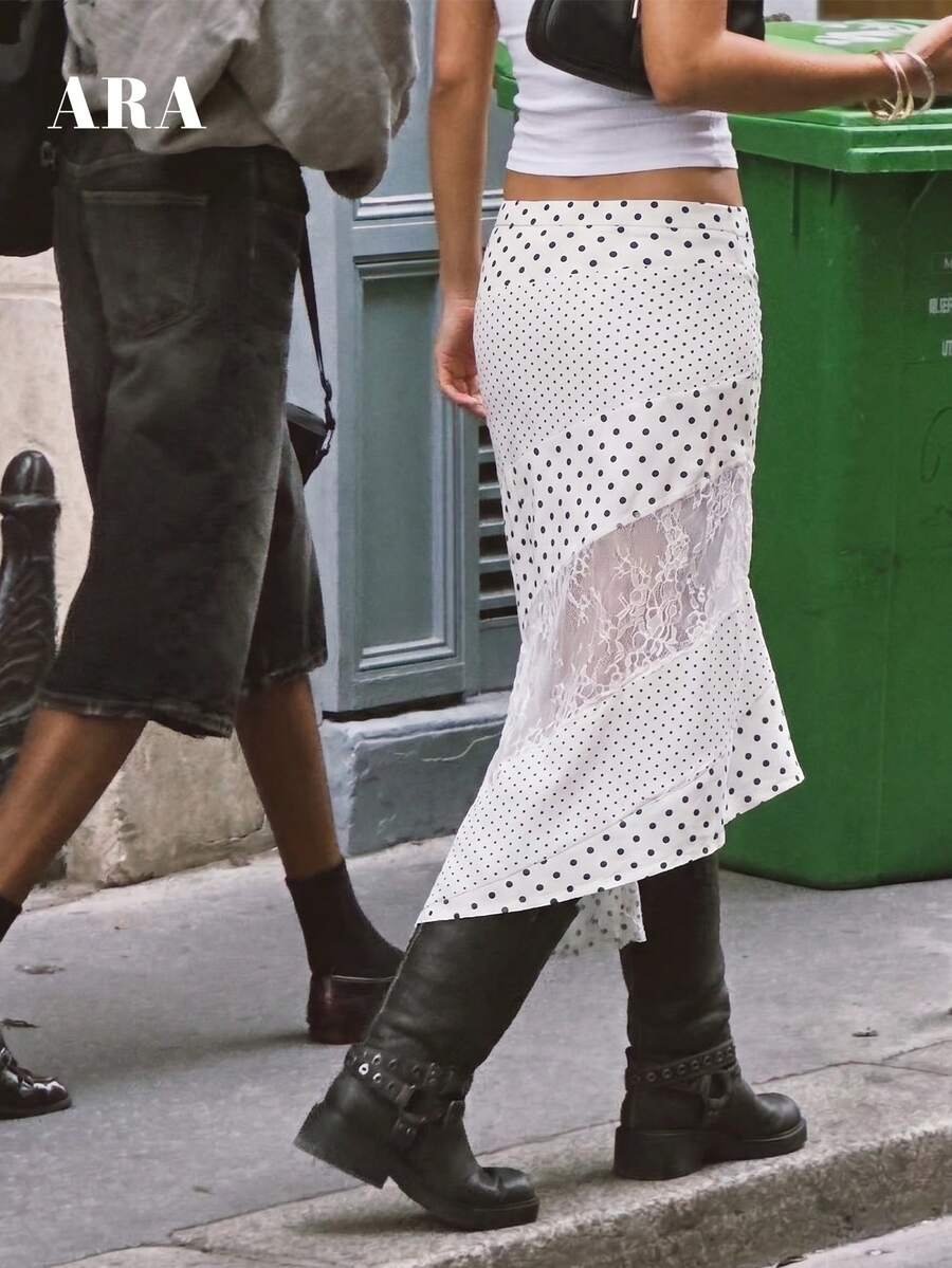 ARA CHIC Women's White Polka Dot Lace Trim Asymmetric Skirt, Breathable Flowy Skirt, Beach Vacation Outfit - Black and White - View 1