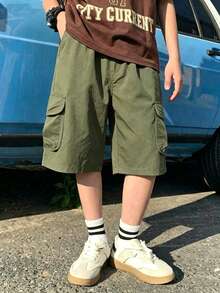 1件青少年男孩運動休閒個性化口袋短褲，百慕達內縫長度，春夏秋季適用 - 綠色 - 查看 3