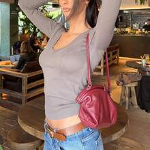 Women's Ribbed V-Neck Long Sleeve Knit Top, Medium Stretch, Suitable For Autumn And Spring Casual Wear - Khaki - View 3