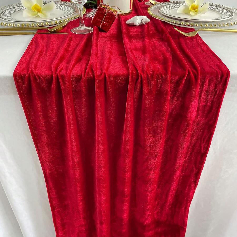 Chemin de table en velours 20 X 120 pouces 10ft luxueux épais et doux Chemin de table en velours pour Noël Thanksgiving Mariage Réception de fête Décorations de réception - Rouge - Voir 1