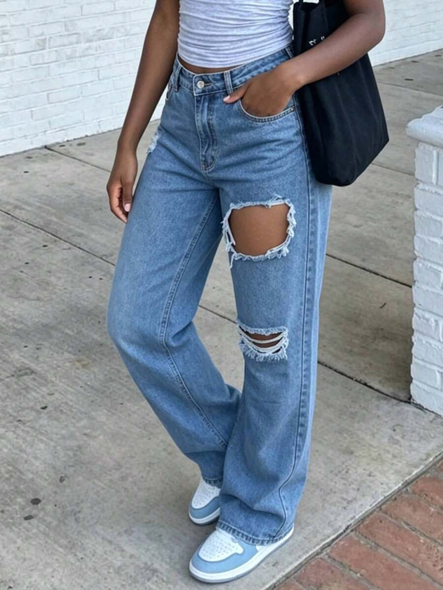 Women's Fashion Solid Color Vintage Versatile Street Distressed Denim Jeans - Light Wash - View 1