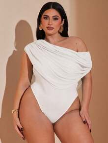 Mono de mujer de talla grande de unicolor con tirantes de espagueti fruncidos, de moda para vacaciones, primavera/verano, otoño/invierno. Mono elegante ajustado de - Blanco - Ver 1