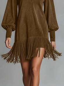 Women's Short Suede Shirt Dress With Lapel Collar, Puff Sleeves And Fringe At The Hem, Various Shades Of Navy And Brown, Western Cowboy Style For Autumn Country Outings. - 棕色 - 查看 2