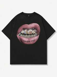 Camia de manga corta de punto blanca para hombre, estilo casual Manfinity , holgada, estilo vintage urbano, con estampado gráfico creativo d - Negro - Ver 6