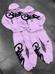 GEEDUP Printed Digital Sweater Set Fashion Street Loose Hoodie Casual Sportswear Men's And Women's Jacket Set - 粉色 - 查看 1
