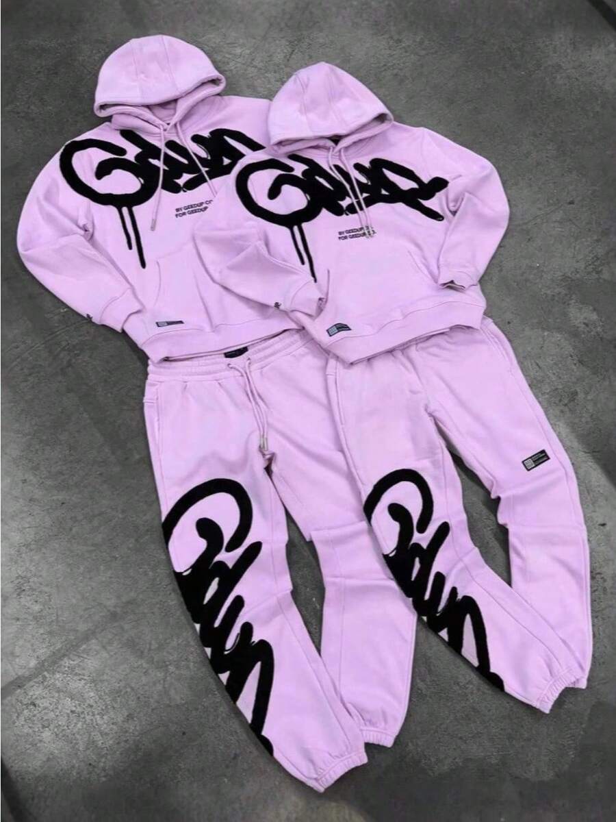 GEEDUP Printed Digital Sweater Set Fashion Street Loose Hoodie Casual Sportswear Men's And Women's Jacket Set - 粉色 - 查看 1