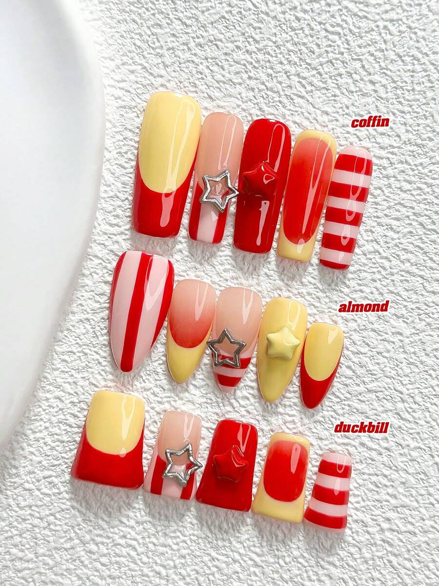 10pcs Fashion Handmade Press-On Nails, Polygel Nail Art Set, Striped Hollow & Star Design, Yellow-Red Color Scheme, Pink Nail Polish, Unique Style, Includes Nail Tools, 3 Sizes Available, Almond, Duck, Coffin Shape, Suitable For Party, Dancing, Daily Wear - 彩色 - 查看 1