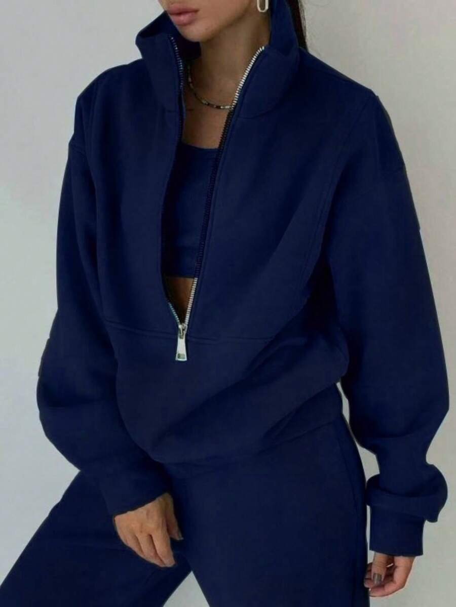 Women's Spring Set, Soft Fleece Sweatshirt, Modern Look - Navy Blue - View 1