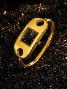 1pc Women's Gold Bangle Quartz Watch, Rectangular Hollow Bangle Wristwatch, Black Dial Blue Hands, Jewelry Style Formal Watch, Gift For Women And Girls - Gold - View 9
