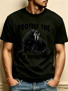 Camiseta de hombre con estampado de morsa y patatas marinas - Camiseta casual de cuello redondo con estampado de morsa, adecuada como regalo para amantes de la naturaleza, vestimenta casual - Negro - Ver 7