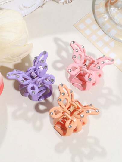 3pcs Women's Fashion Sweet Girly Butterfly Rhinestone Hair Claw Clips Suitable For Daily Wear Summer Hair Accessories Vacay Hair Clips