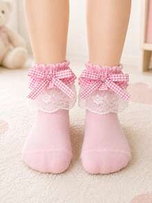 1 Pair Girls' Ruffle Lace Bow Short Socks Princess Style Frill Baby Socks - Pink - View 2
