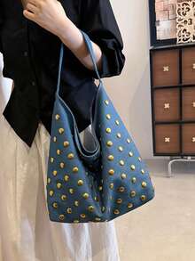 1pc Vintage Suede Large Capacity Shoulder Tote Bag, New Style, Suitable For Work, Shopping, School - Baby Blue - View 5