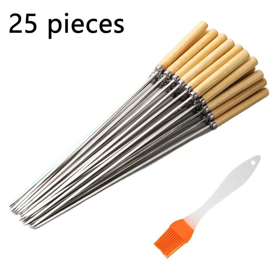 不鏽鋼烤肉串（扁平）– 可重複使用烤肉串套組 (330mm, 25支) – 附贈免費醬料刷 - 不鏽鋼烤肉籤[25支]附木柄 - 查看 1