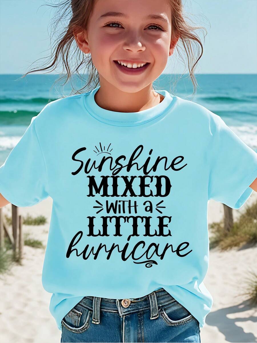 Camiseta Casual de Manga Corta con Estampado de Letras Sencillas "Girl Sunshine MIXED with a LITTLE Hurricane" - Versátil - Azul - Ver 1