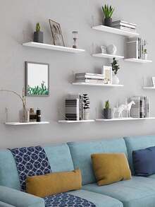1件裝壁掛式免鑽孔浮空層板架 木質掛架 臥室書房客廳浴室洗手間廚房用 牆面收納置物架 書架 辦公室家具 - 白色 - 查看 4