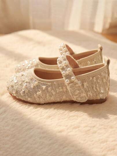 Summer New - 3-12 Years Old Girls Mary Jane Shoes, Light White, Textured White Material, Sequins, Pearl Elastic Strap, Elegant Style