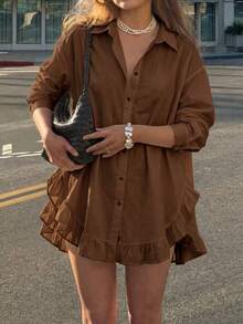 Women's Spring Casual Solid Color Front Button Ruffle Blouse Spring/Summer - Brown - View 2