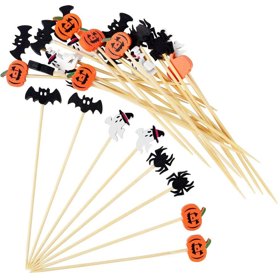 400/300/200/100/50/20/10入 綜合水果叉裝飾棒 4款花紋混裝 萬聖節主題蛋糕插牌 派對小丑幽靈字母南瓜蜘蛛帽子水果萬聖節派對裝飾(隨機花紋) - 混色 - 查看 1