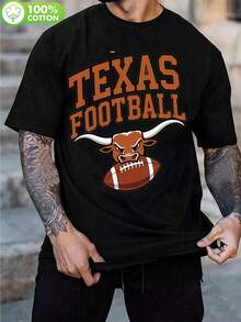 Camiseta de hombre con estampado de fútbol americano de Texas -% algodón, estilo vintage ligero de 180g, estampado naranja llamativo, corte regular, cuello redondo, mangas cortas, adecua - Negro - Ver 1